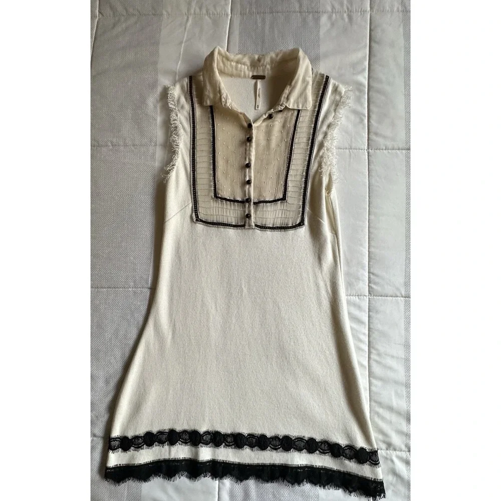 Free People Ivory & Black Apron Style Dress XS Sleeveless Collar - Picture 4 of 12